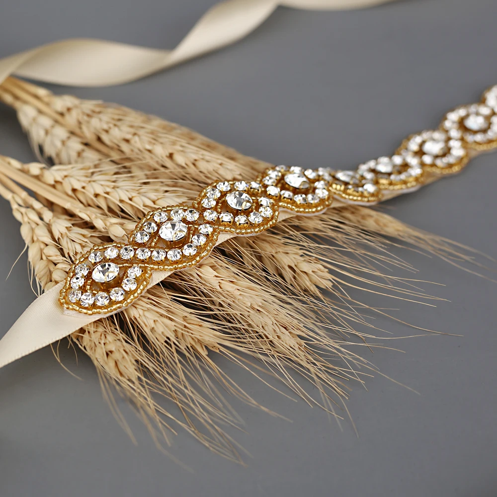 TRiXY S28-G Golden Diamond Belt Ribbon Sash with Rhinestones Belts for Formal Dress Diamond Belt Bridal Belt Bridal Wedding Sash