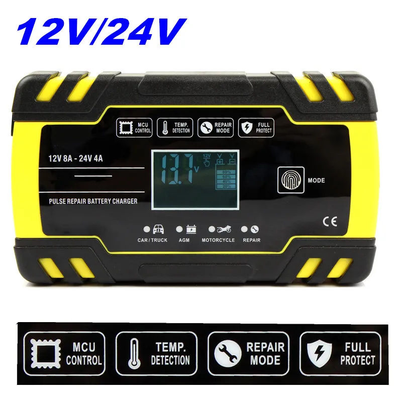 

12V 24V Car Battery Charger Automatic Fast Power Charging Tool 8A 4A AC 100-240V With LCD Display And Repair Function