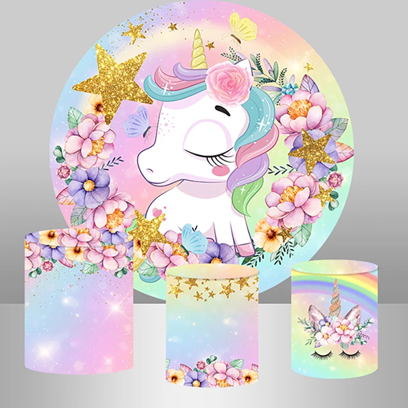 Flor Unicórnio Aniversário Redondo Pano de Fundo Capa para o Chuveiro do Bebê da Menina Recém-nascido Festa Decoração Fundo Personalizado Arco-íris Cilindro Capa