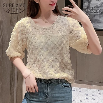 

2020 Korean Woman One Size Top Dimensional Flowers Hollow Out Short-Sleeve Lace Mesh Flowered Puff Sleeve Top Female 9378 50