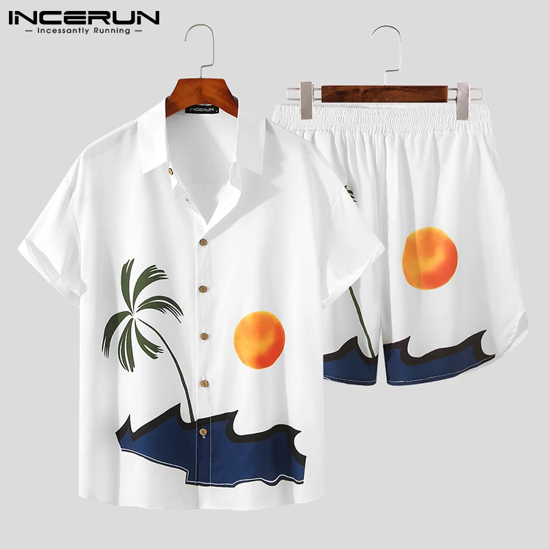 

INCERUN Summer Men Hawaiian Sets Streetwear Printing Vacation Short Sleeve Lapel Shirt Shorts Two Pieces Sets Casual Men Suits