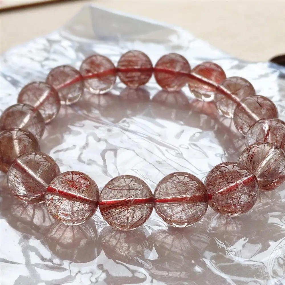 

13mm Natural Red Copper Rutilated Quartz Crystal Clear Stretch Big Round Beads Bracelet Wealthy Stone Jewelry From Brazil AAAAA