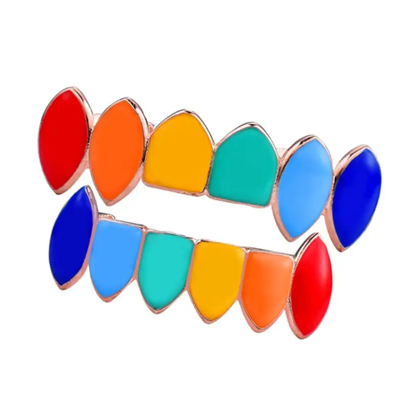 Hip Hop Gold Plated Colorful Rainbow  Fangs Top and Bottom Grill