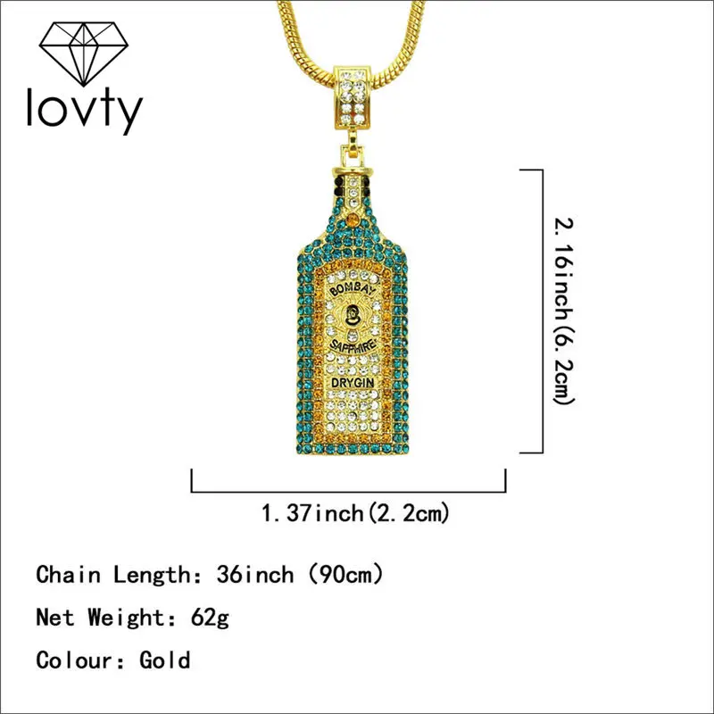 Big Wine bottle Necklaces Full Rhinestone Iced Out Pendants Hip Hop Men Women Gold Color Vogue Jewe