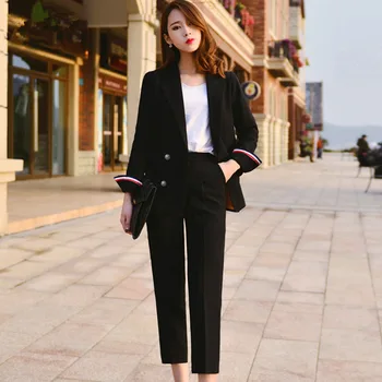 

2020 High Street Ladies Blazer Suit Notched Casual Blazer Coat+Loose Trousers Spring Autumn Plus Size 2 Piece Set Women Suit