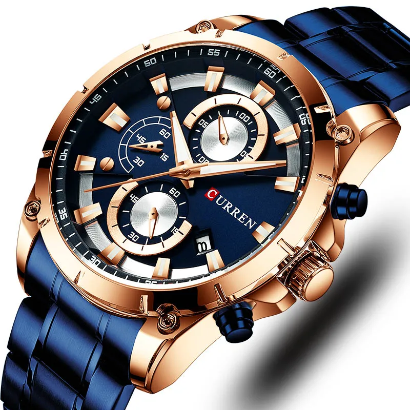 

Curren Mens Watches Top Brand Luxury Blue Chronograph Clock Man Watch Analog Water Resistant Men Watch Waterproof Shockproof