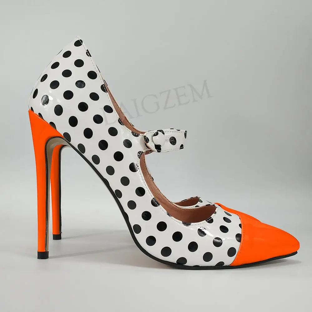 Orange2 LAIGZEM/женские туфли-лодочки в горошек на каблуке Туфли Мэри Джейн на шпильке; 4 сезона; женская обувь; Zapatos Talon Femme; большие размеры 44, 45, 46, 47 - Цвет: Orange2