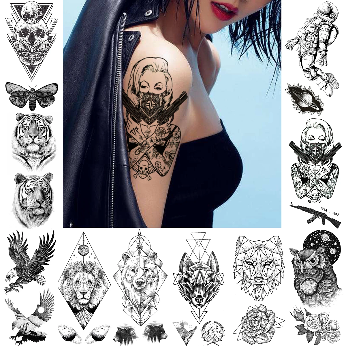 Непокорная маска для женщин, временная татуировка для взрослых, пистолет гангстер, воин, бумага для тату, Реалистичная черная поддельная татуировка в виде черепа, совы