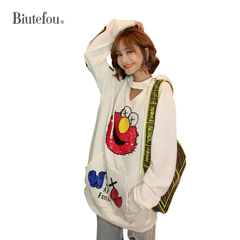 

2019 Autumn sequined sweatshirts fashion cartoon print women hooded sweatshirts