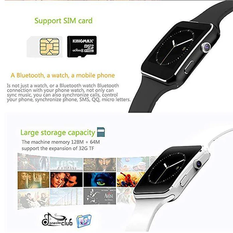 X6 Bluetooth Smartwatch камера Sim карта Браслет Сенсорный экран Шагомер Смарт часы для мужчин женщин Поддержка нескольких языков Pk A1 Iwo8