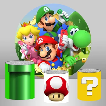 

Round Super Marios Party Backdrop Bros Photography Background Cartoon Children Birthday Party Circle Backdrop Plinth Cover