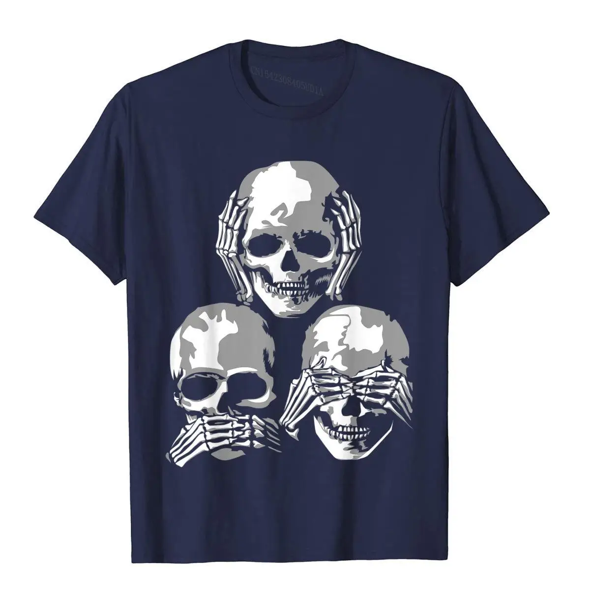 See No Evil Hear No Evil Speak No Evil Halloween Skull T-Shirt__B9896navy