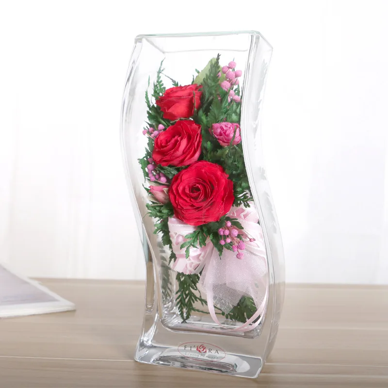 

Imported from Thailand Preserved Fresh Flower Curve Vase Red Roses Wedding Holiday Gift Spacious Preserved Flower 30550