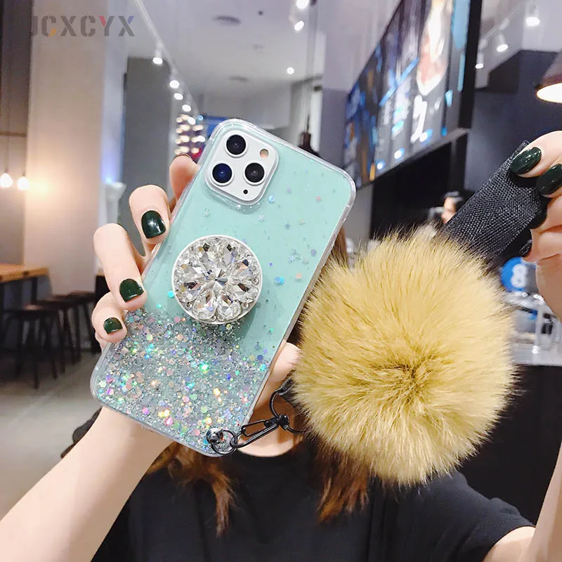 3D держатель алмаза стенд блеск Hairball мягкий чехол для iPhone X XR XS 11 Pro Max 6 7 8 plus для samsung S8 S9 S10 Note A50 - Цвет: 2