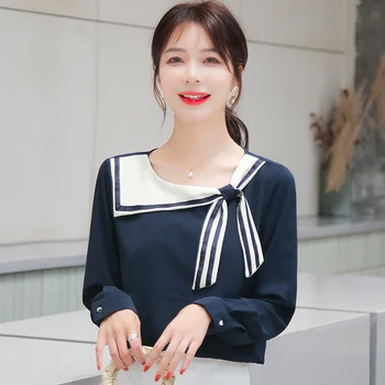 

COIGARSAM Preppy Style blouse women New Spring Cute Full Sleeve Loose blusas womens tops and blouses Navy 8232