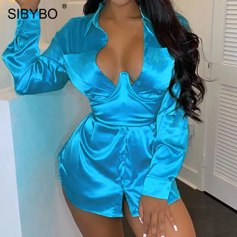 SIBYBO осеннее мини-платье-рубашка с длинным рукавом женское платье с воротником-стойкой асимметричное сексуальное облегающее платье однотонное элегантное вечернее платье