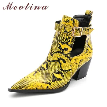 

Meotina Ankle Boots Women Shoes Snake Print Buckle High Heel Short Boots Pointed Toe Block Heels Boots Ladies Autumn Red Size 45