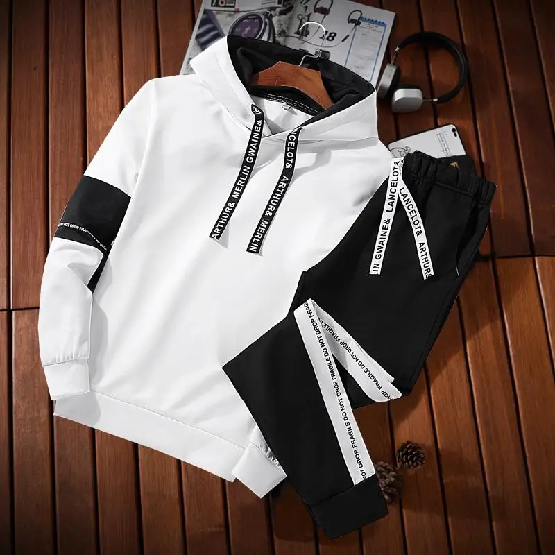 Conjunto de sudaderas con capucha para hombre negro blanco moda 2020 otoño  marca Casual chándal para hombre conjunto deportivo de dos piezas con  capucha de retazos traje masculino _ - AliExpress Mobile
