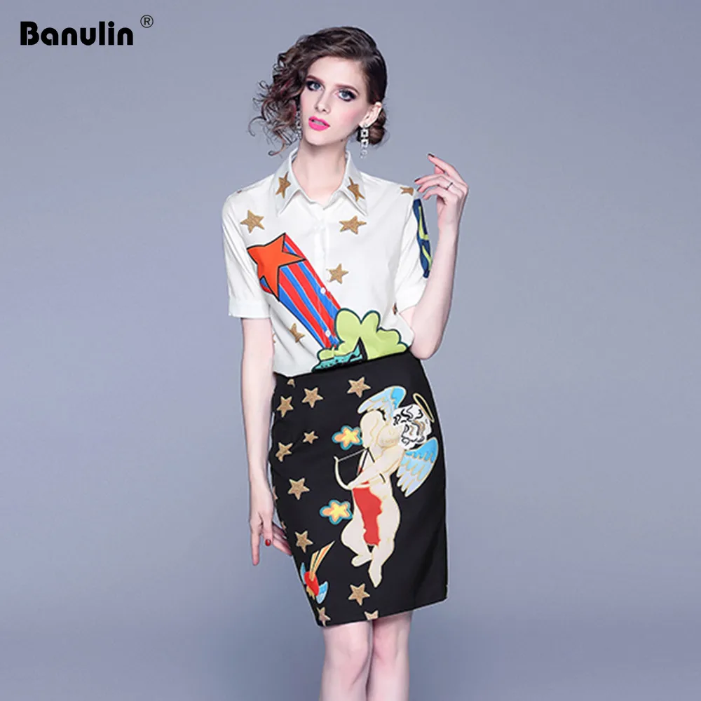 

Banulin High quality Runway Designer Summer Shirt Two Pieces Sets Women Short Sleeve blouses+Floral Print Vintage mini skirt Set