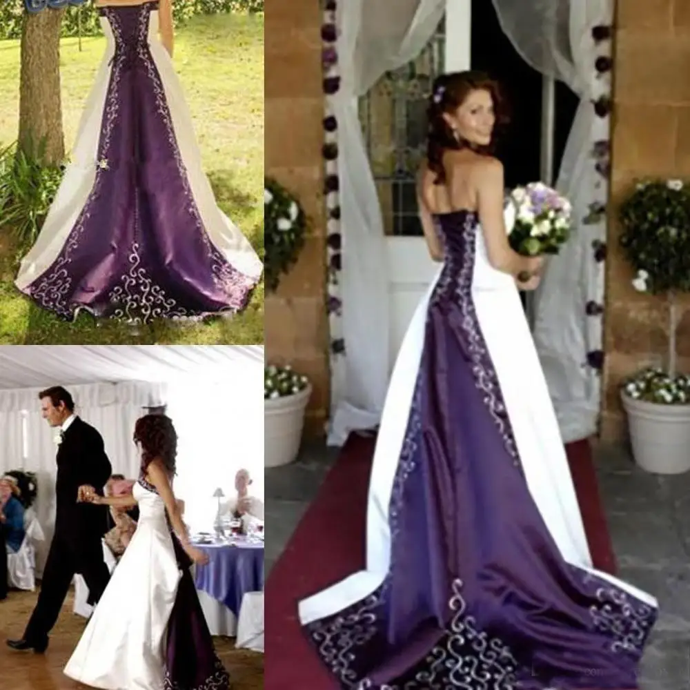 Горячие белые и фиолетовые Свадебные платья Вышивка Vestido de на заказ трапециевидной формы без ремешков, на шнуровке сзади Часовня Свадебные