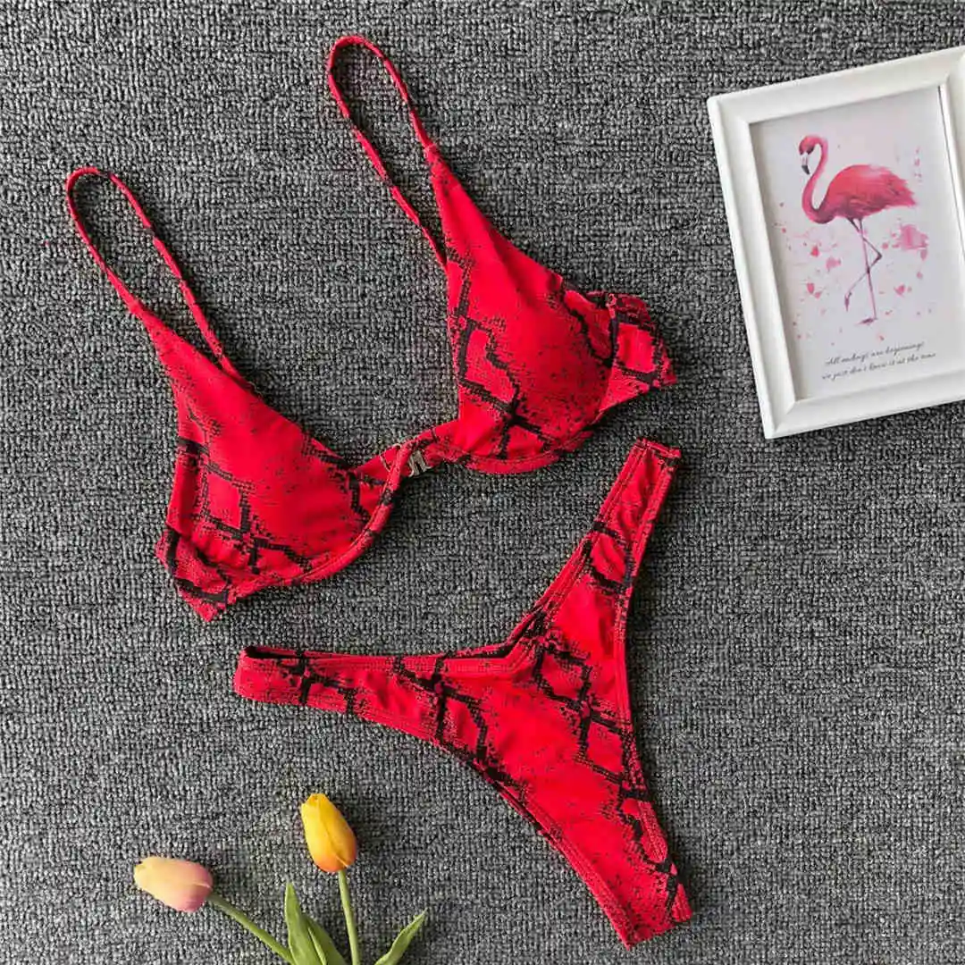 Red Snake Printed Сексуальный V-bar бикини на косточках женский купальник Женская одежда для плавания комплект бикини из двух частей V образная проволока купальный костюм V439 - Цвет: Red Snake Printed