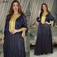 Muslim Abaya Dress for Women Turkey Dubai Kaftan Fashion Striped Gold Stamping Robe Arabe Femme Islam Clothing 2022 Ramadan Eid
