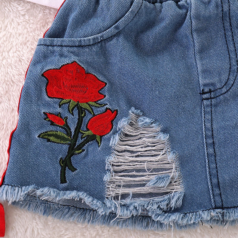 Kids Set Children's Clothes Suit Summer Flower Print Set Top+Denim Skirt 2Pcs Toddler Children Outfits Clothing Sets kids clothing set girls clothing set