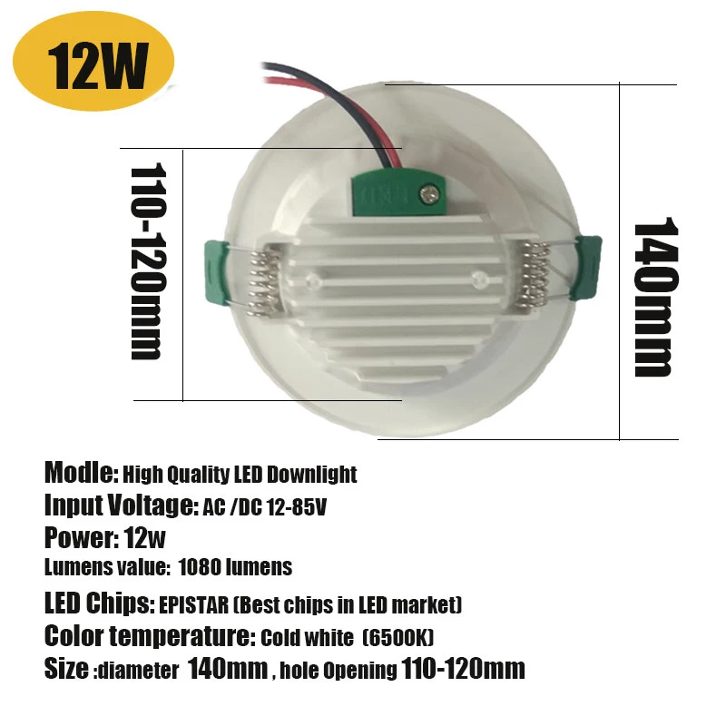 Светодиодный светильник, встраиваемый круглый светильник, 18 Вт, 15 Вт, 12 Вт, 9 Вт, круглый светодиодный панельный светильник, 12 В, 24 В, 36 В, 48 В, светодиодные лампы для дома, спальни, точечный светильник - Испускаемый цвет: Downlight 12W