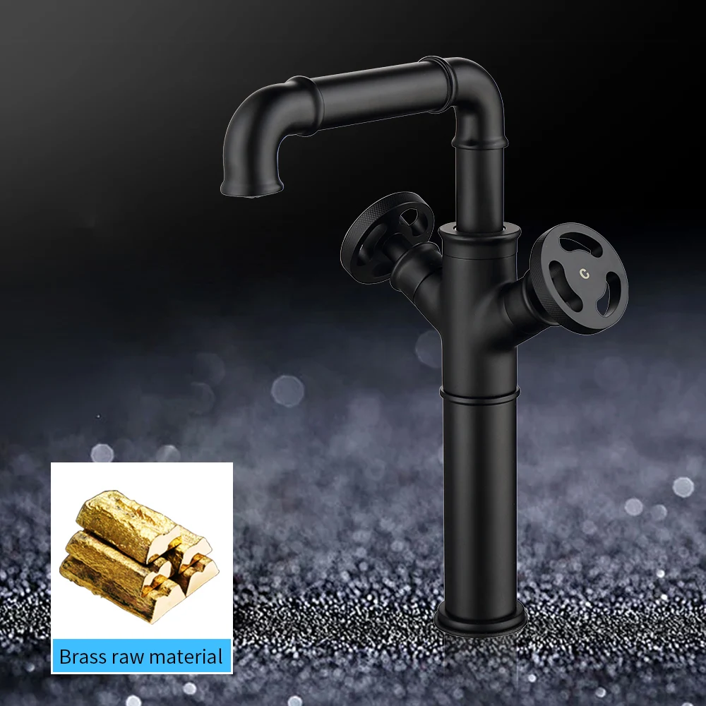 

Basin Faucets Retro Industrial Style Matte Black Brass Water Mixer Tap Bathroom Faucet Hot and Cold Dual Handles WF-20A25R