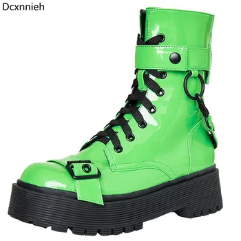 

Green Red Patent Leather Fashion Ankle Boots Women Round Toe Buckle Lace up Motorcycle Boots Spring Autumn Platform punk botas