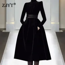 Высококачественное зимнее подиумное платье дизайнерское женское элегантное платье с длинным рукавом на шнуровке до середины икры черное бархатное бальное платье вечерние платья