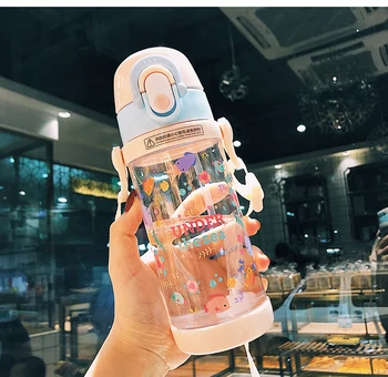 

Korea Children Straw Cup Creative Cute Plastic Water Bottle with Rope 400ml Large Capacity Sealed Leakproof Travel Portable Cups