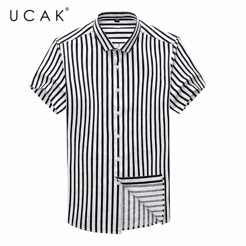 

UCAK Brand New Cotton Striped Shirts Men Clothing Streetwear Short Sleeve Shirt Clothes Summer TopsTunrn-down Shirt Homme U6039