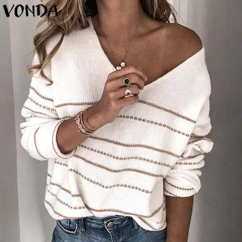 

VONDA Women Sweater Long Sleeve Blouse 2019 Autumn Knitwear Tops Sexy Deep V Striped Knitted Pullover Thin Sweater Plus Size