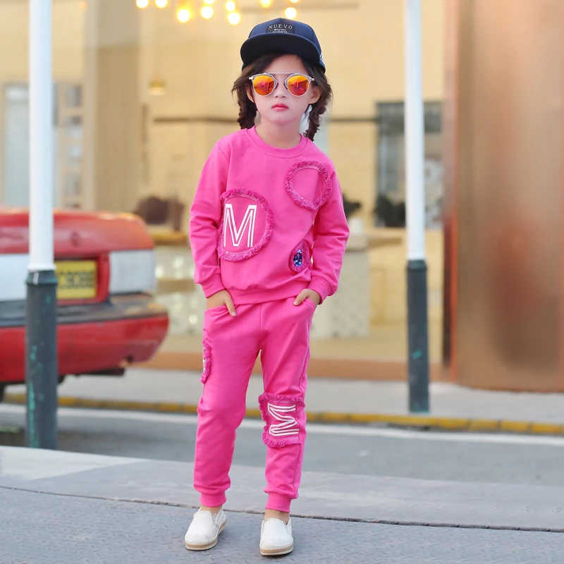 От 3 до 11 лет, качественная Осенняя футболка для девочек, комплект со штанами, модный спортивный костюм для малышей Одежда для детей розовая детская одежда с круглым вырезом костюм для девочек