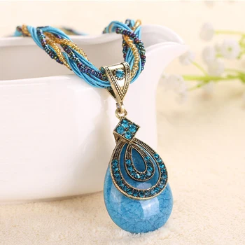 

ELIfashion Retro Bohemia Style Necklace Multilayer Beads Chain Crystal Water Drop Design Resin Pendant Necklace