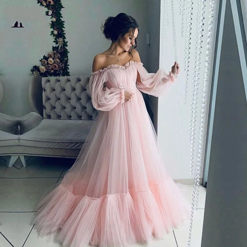

NBS017 Long Sleeves Elegant Pink Evening Dress 2019 Cheap Price Prom Gowns A Line Custom Made Beautiful Girls Party Dress 2019