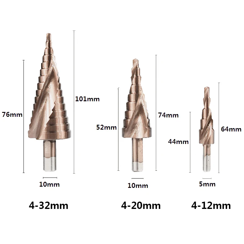 3pcs 4-12/20/32 Step Drill Bit Set HSS TiCN Coated Core Drill Bit Spiral Hole Cutter Straight Shank Step Cone Drill Metric Pagod