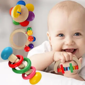 

4pcs Wooden Hand Ring Bell Baby Kid Bed Rattles Musical Education Gift Toys Wooden Hand-ring Bell Teething Rattle Toys