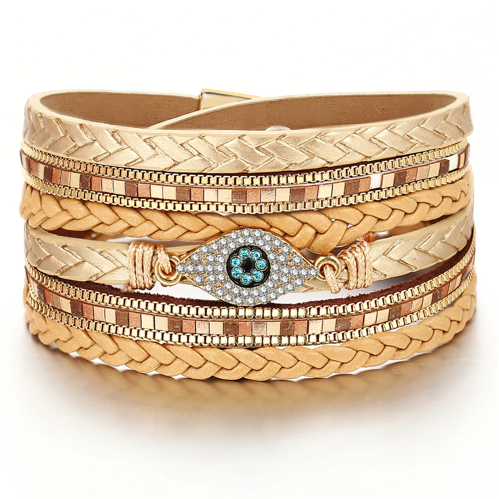 

2019 Boho Adjustable Multiple Layer Bracelets Bangles For Women Yellow Faux Leather Geometric Crystal Fashion Bracelet Jewelry