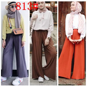 

WEPBEL Muslim Wide Leg Pants Women Fashion Women's Pants Trousers High Waist Pleated Solid Color Loose Ramadan