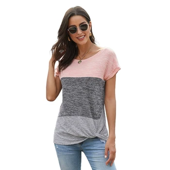 

Womens Crewneck Color Block Summer Short Sleeve Tops Twist Knot Loose T-Shirt Blouse