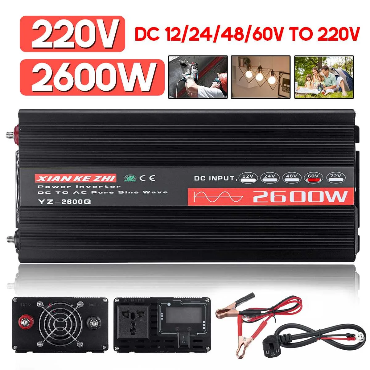 Инвертор 12v 220v 2600 Вт инверсор 12/24/48/60V до 220V Напряжение трансформатор чистая Синусоидальная волна инвертирующий усилитель ЖК-дисплей Дисплей основные средства защиты