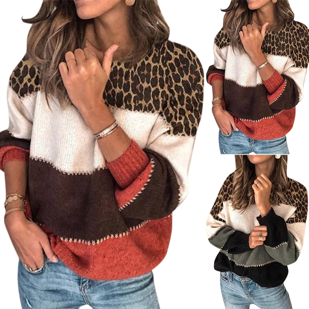 

Women Long Sleeve Winter Loose Sweater Vintage Leopard Boho Gothic Patchwork Ladies Casual Knitted Sweaters Pullover Jumper