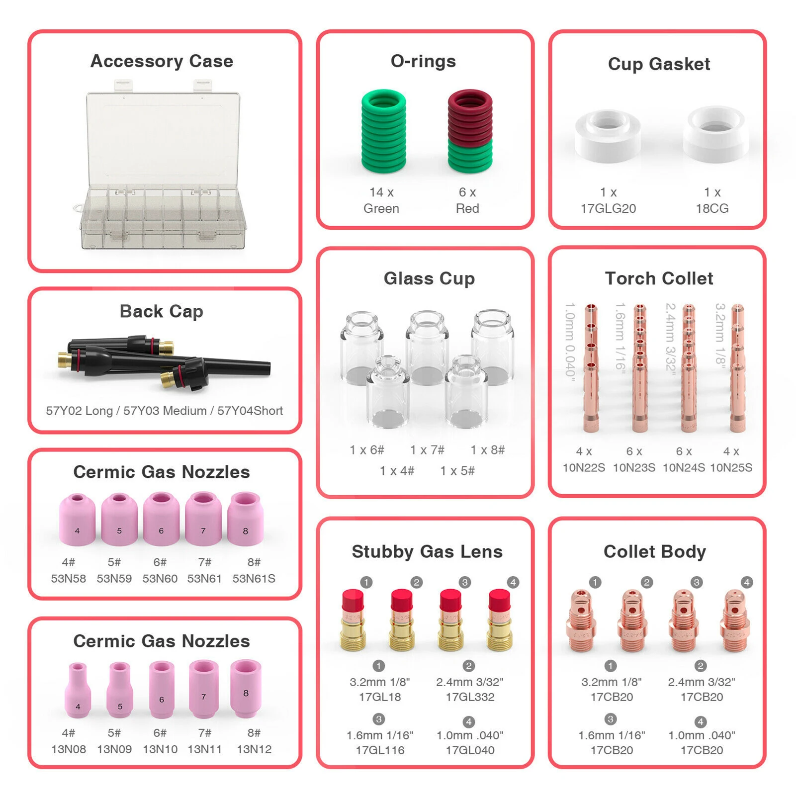 68PCS Tig Welding Accessories Kit Heat-Resistant Glass Cups Stubby Gases Lens Set Welding Kit for WP-17/18/26 3