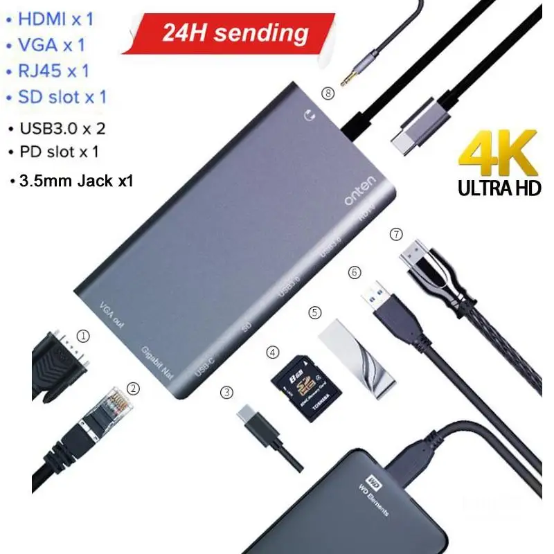 8 в 1 USB C к Мульти USB 3,0 RJ45 Lan HDMI VGA SD кард-ридер 3,5 мм разъем type C концентратор адаптер док-станция для MacBook Pro Аксессуары