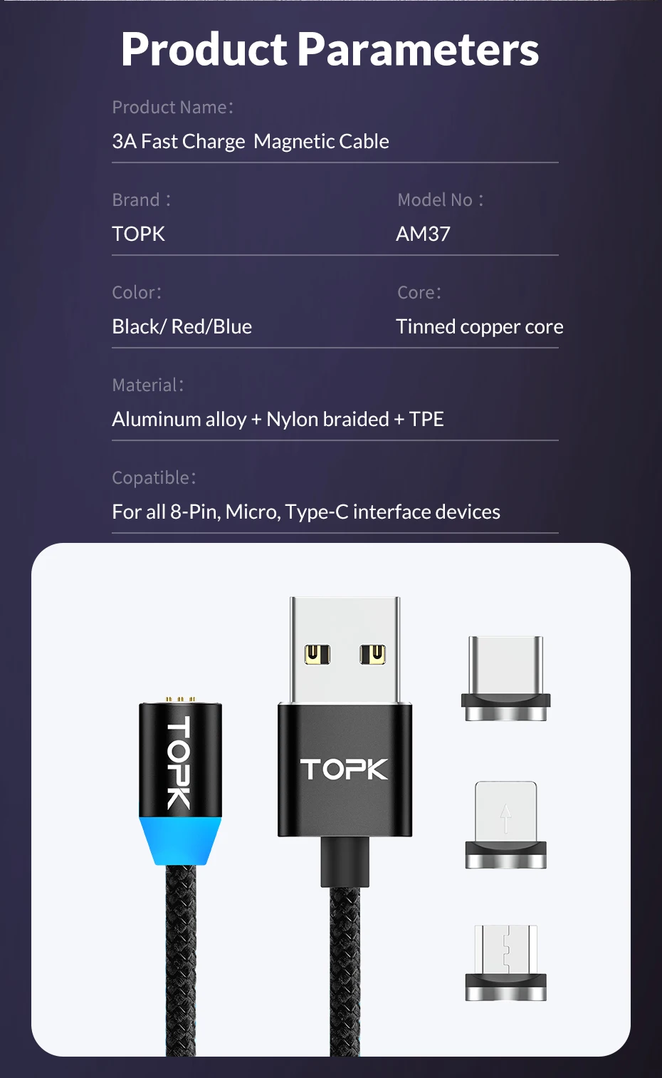 TOPK AM37 usb type C Магнитный кабель для быстрой зарядки Xiaomi Redmi Note 8 samsung Note 10 Кабели для синхронизации данных USB C