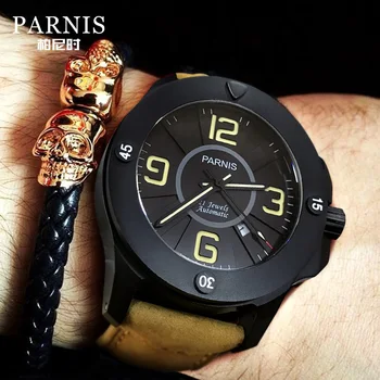 

Casual Parnis 44mm Black Dial Men's Watch Automatic Mechanical Luminous Miyota 821A Movement Men Watches relogios masculino box
