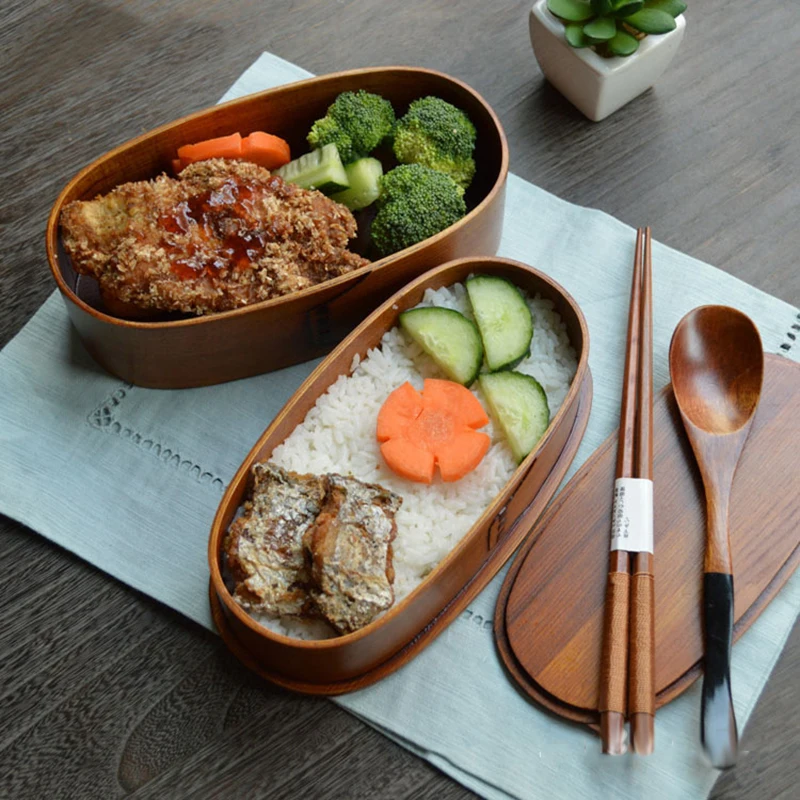 Unibird Food Container Wooden Lunch Box with Bag Compartment Shushi Bento Box for Kids Spoon Chopsticks Dinnerware for Picnic