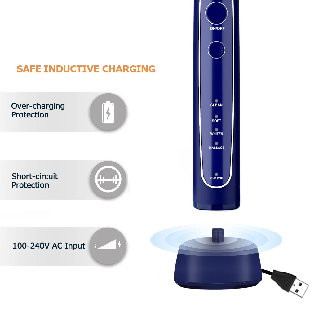Electric Toothbrush Sonic Tooth Brush USB Inductive Charging IPX7 Waterproof toothbrush Blue With 8 Brush Heads & Travel Case Electric Toothbrush Sonic Tooth Brush USB Inductive Charging IPX7 Waterproof toothbrush Blue With 8 Brush Heads & Travel Case